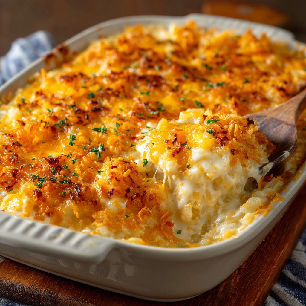 A delicious casserole dish filled with cheese and vegetables, ready to be served.