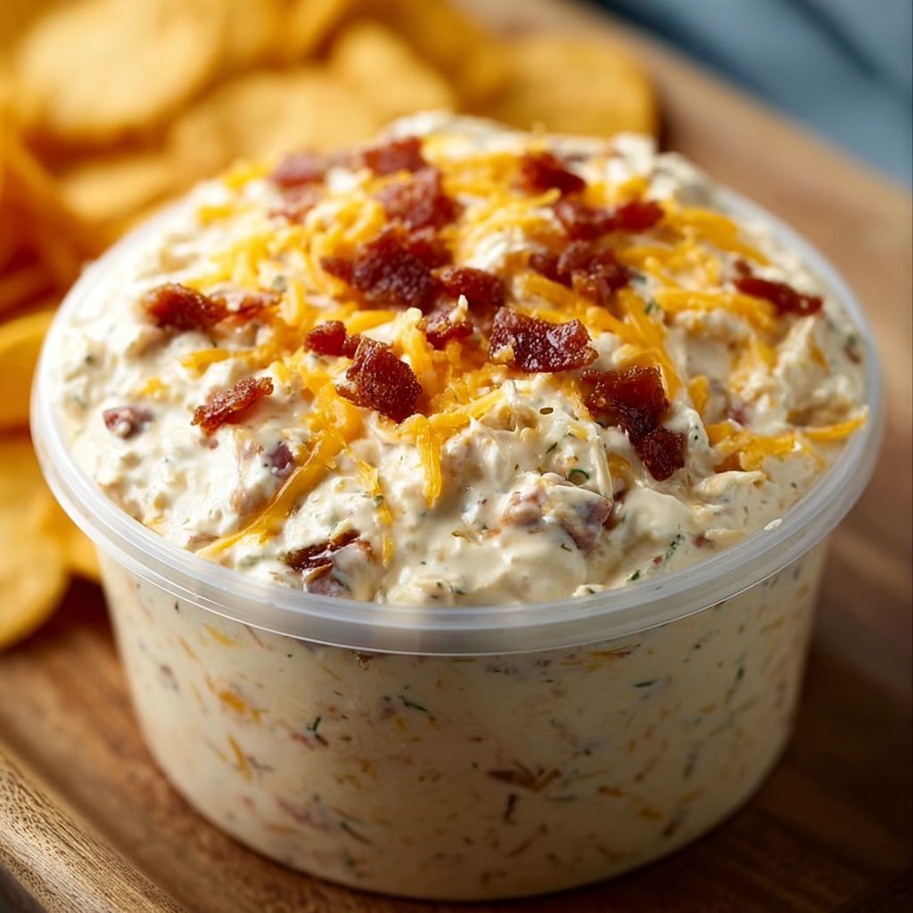 A bowl of bacon and cheese dip with a side of chips.