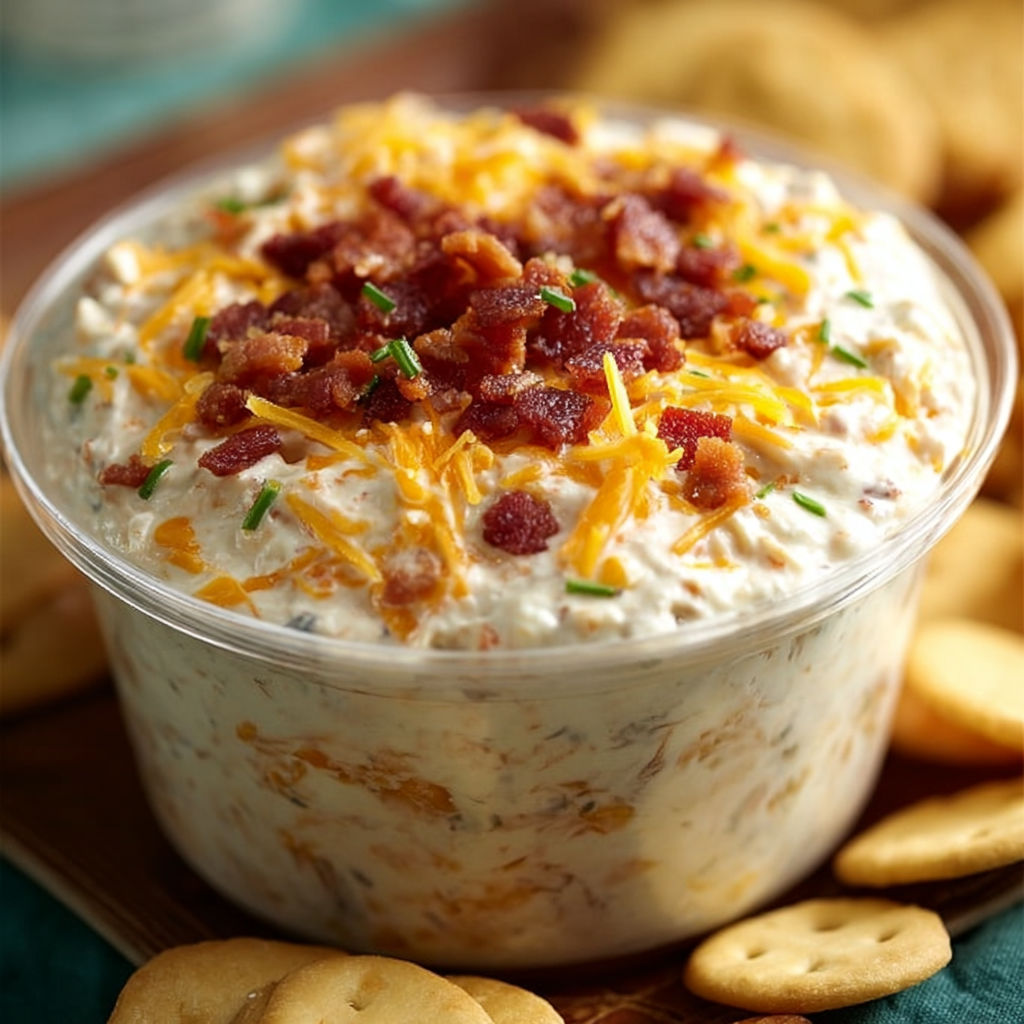 A bowl of bacon and cheese dip with crackers on a table.