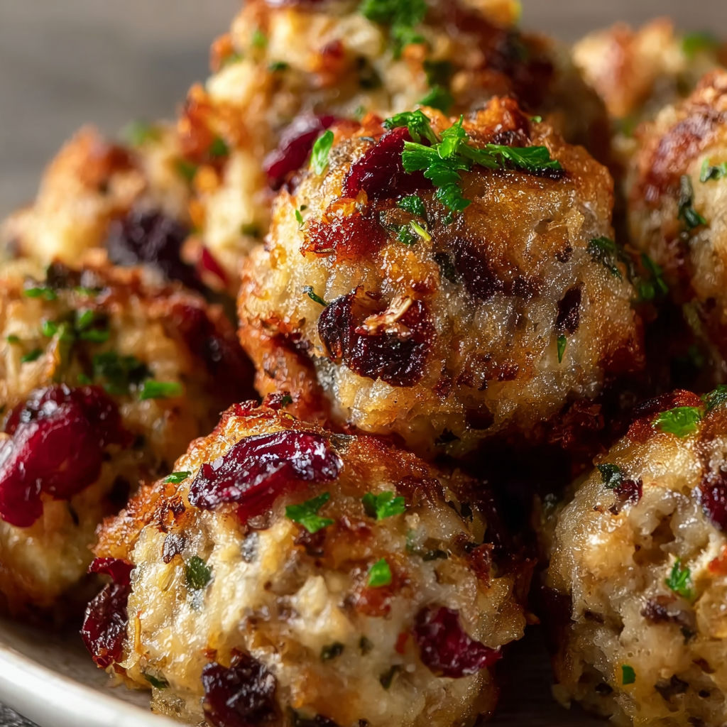 A plate of Cranberry Turkey Stuffing Balls, ready to be served.