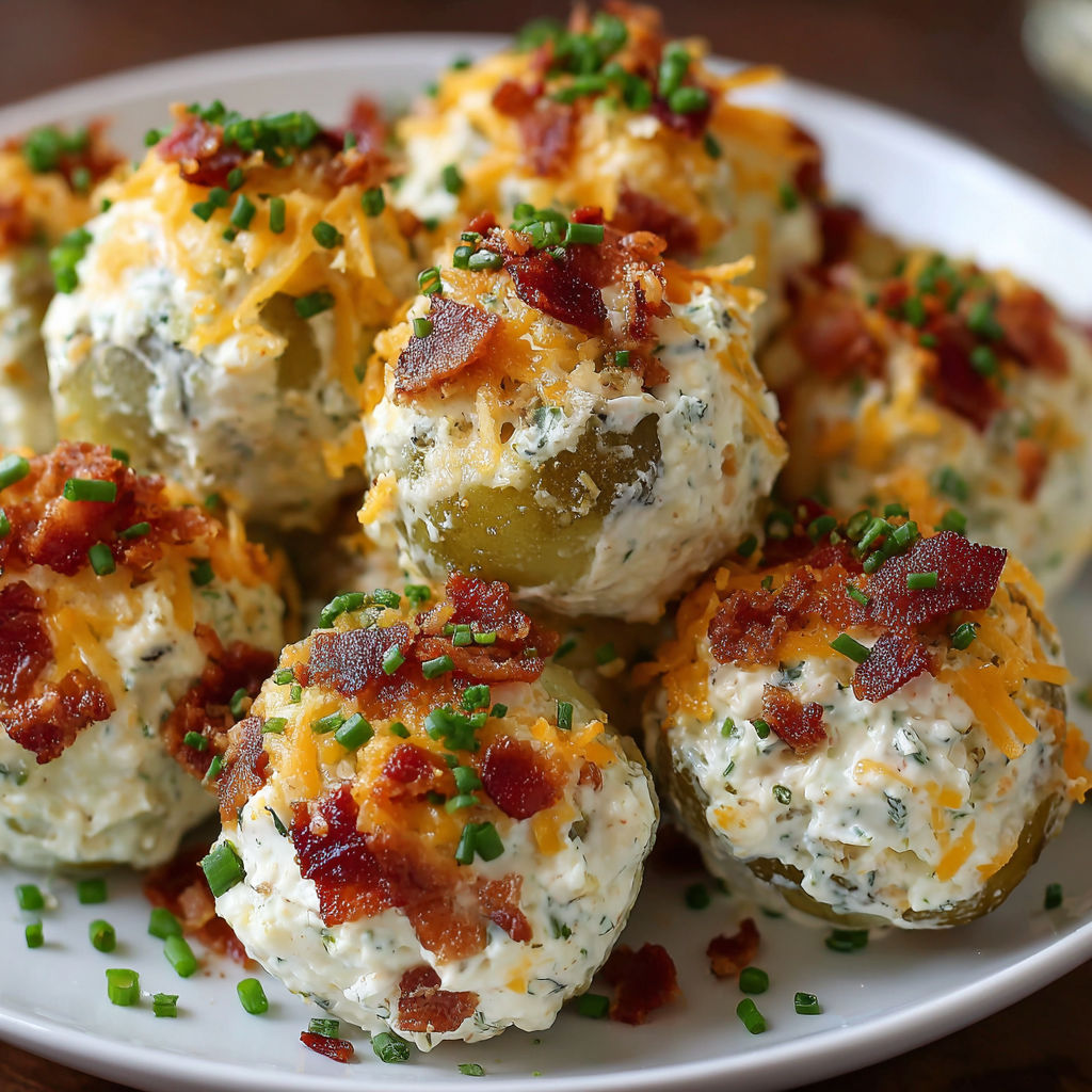 A plate of bacon and cheese stuffed potatoes with green toppings.
