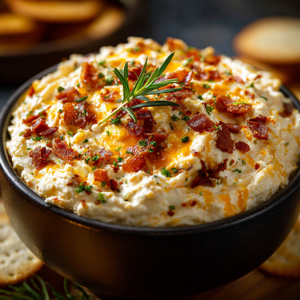 A bowl of bacon and cheese dip with a sprig of parsley on top.