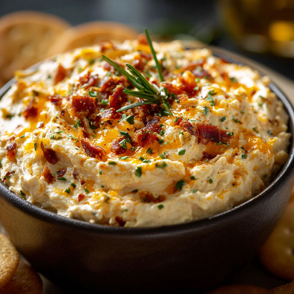 A bowl of bacon and cheese dip with a green garnish on top.