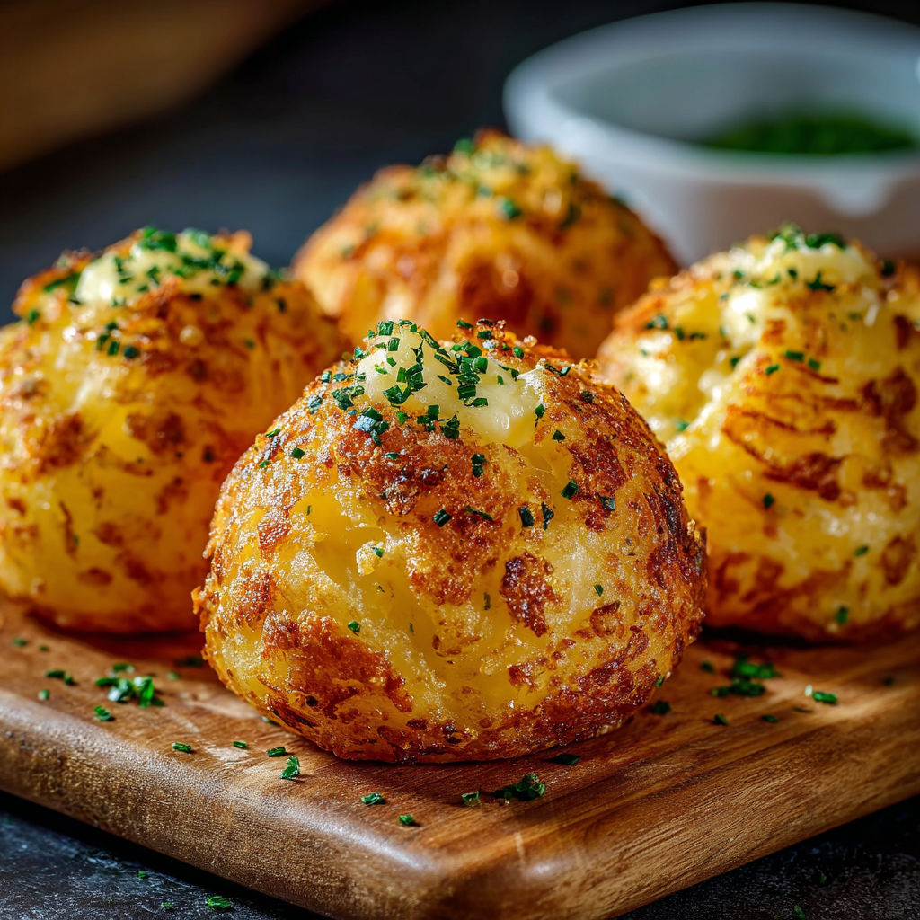 A plate of three cheese-covered potatoes with a bowl of green sauce on the side.