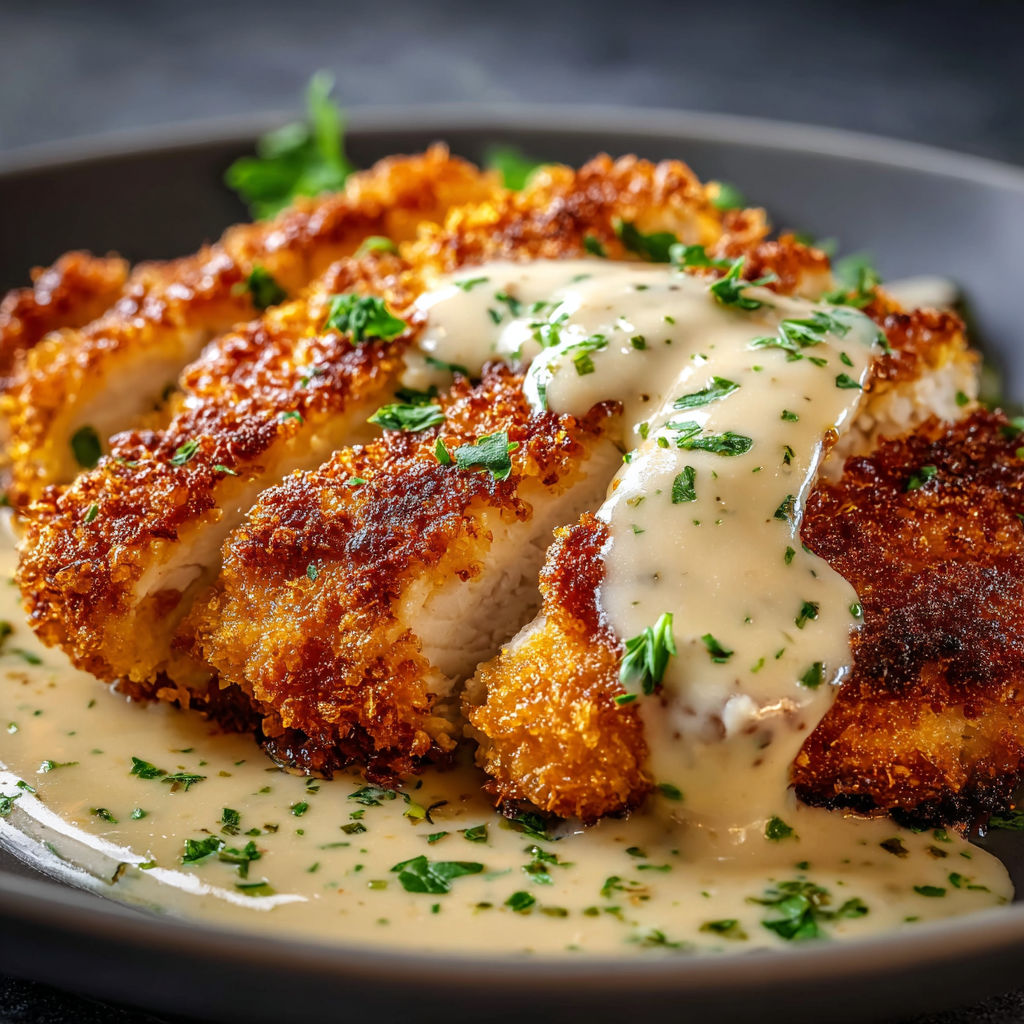 A delicious meal of chicken with a creamy sauce, served on a plate.