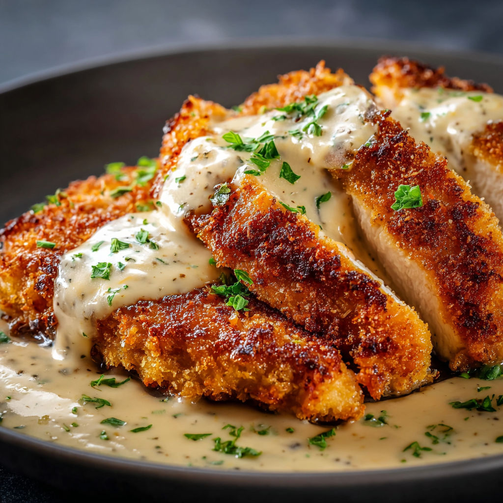A plate of breaded chicken with a creamy sauce, served with a side of green herbs.