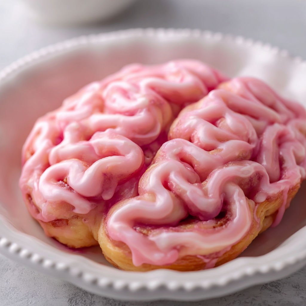 A plate of pink cinnamon rolls with a creamy filling, resembling a brain.