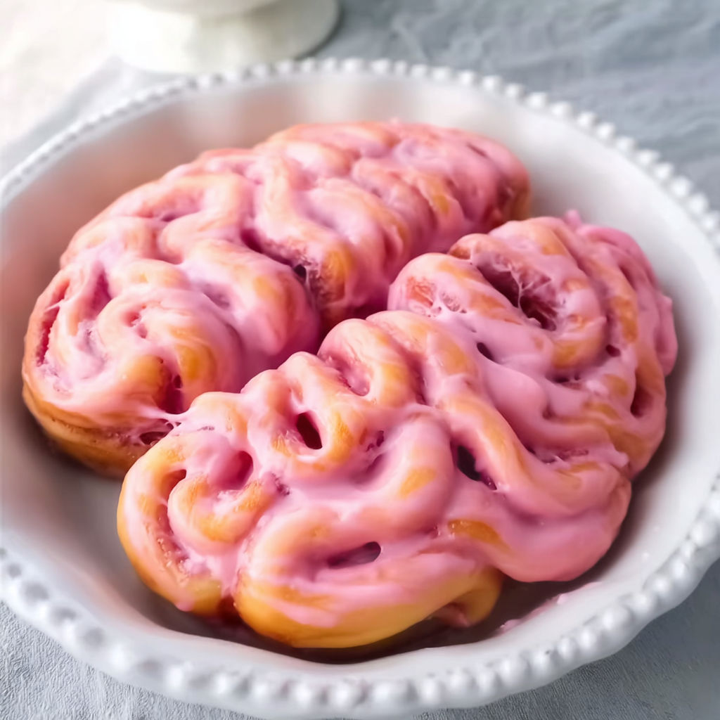 A plate of pink cinnamon rolls with a white plate underneath.