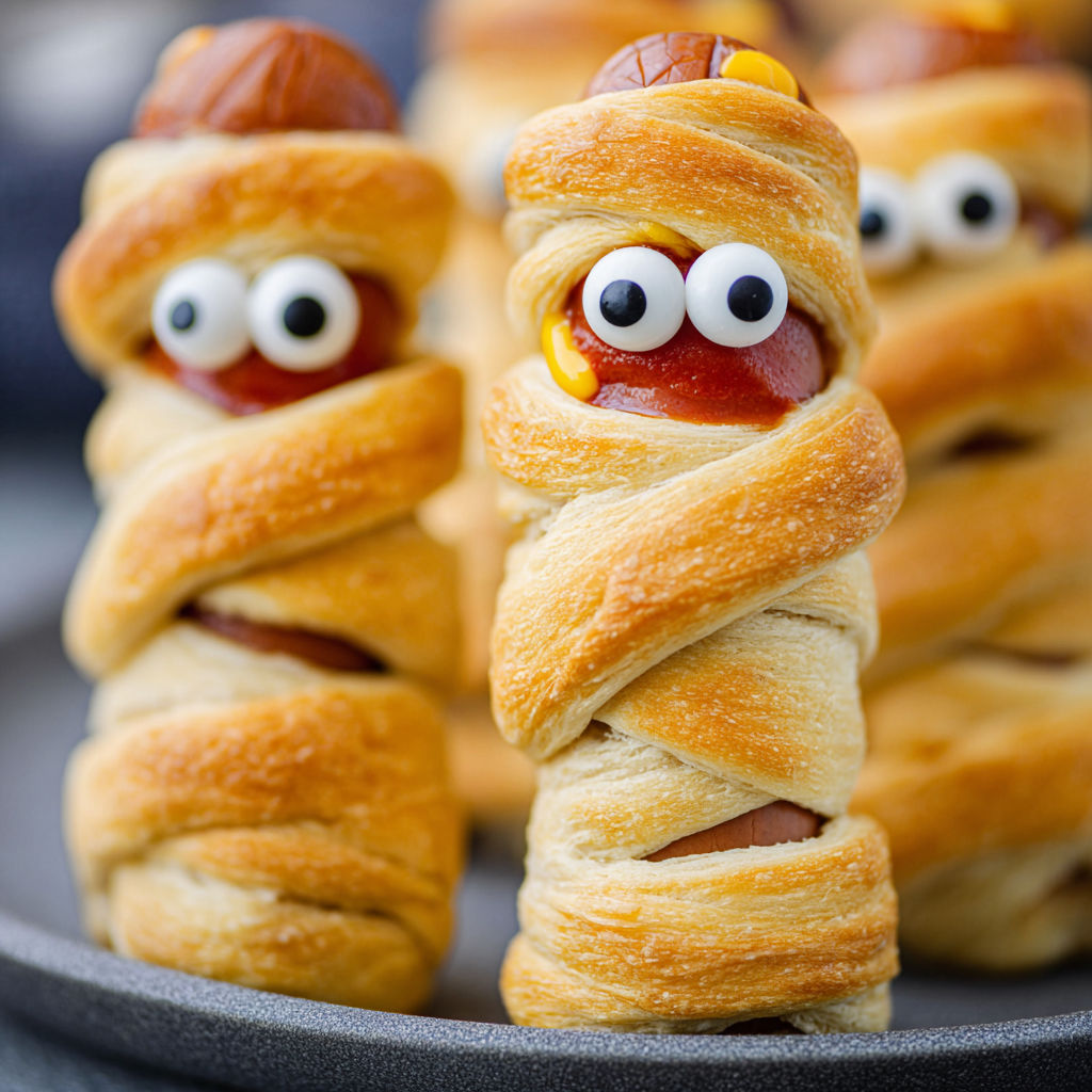 A plate of air fryer mummy dogs with eyes and mustaches.