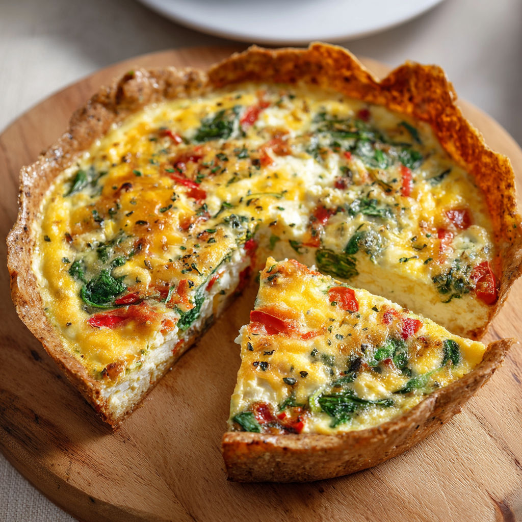A slice of broccoli and cheese quiche on a wooden cutting board.