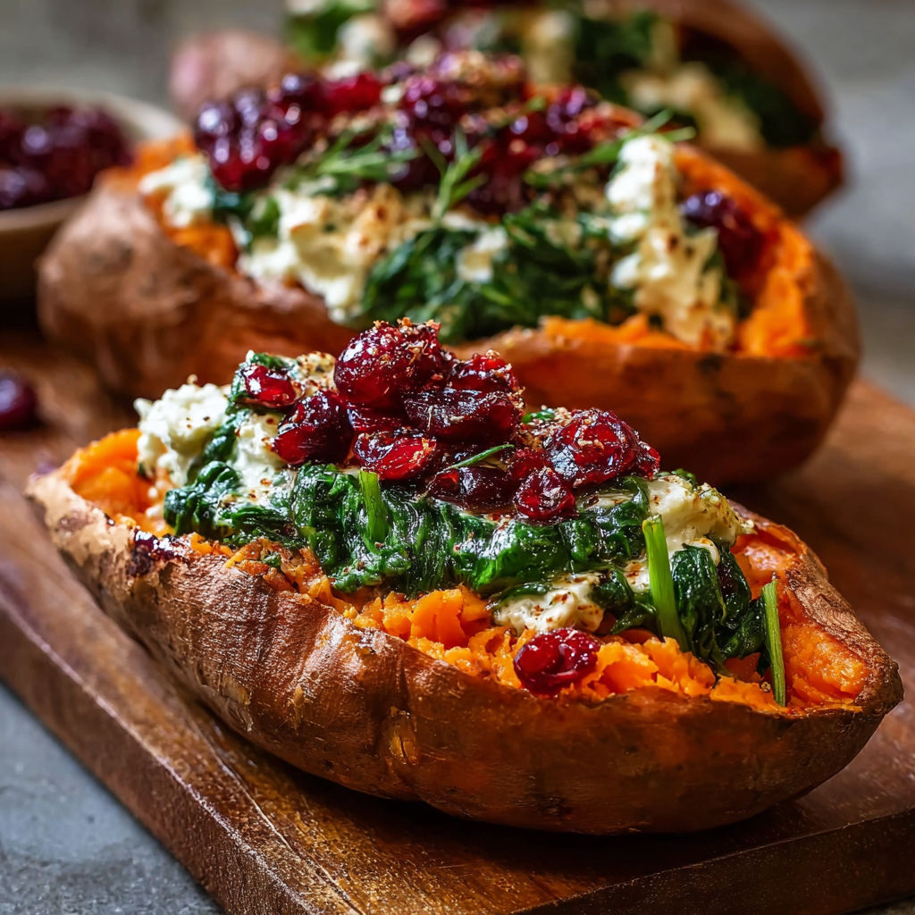 A delicious dish of Cranberry Ricotta Sweet Potatoes is displayed on a wooden cutting board.