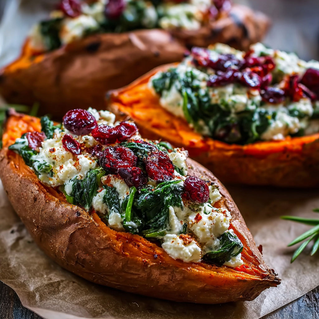 Two baked sweet potatoes with a white sauce and topped with cranberries and cheese.