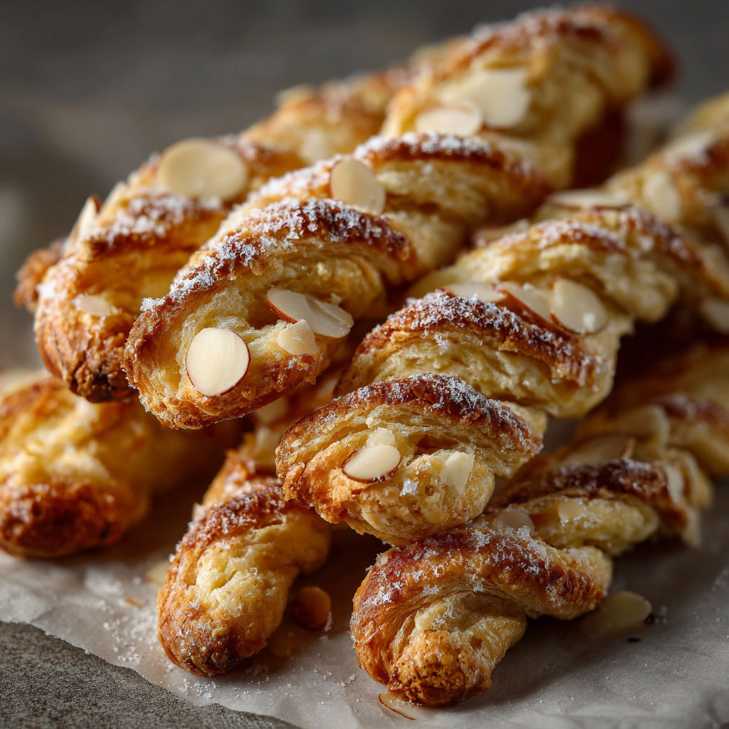 A plate of pastries with powdered sugar and almonds on top.