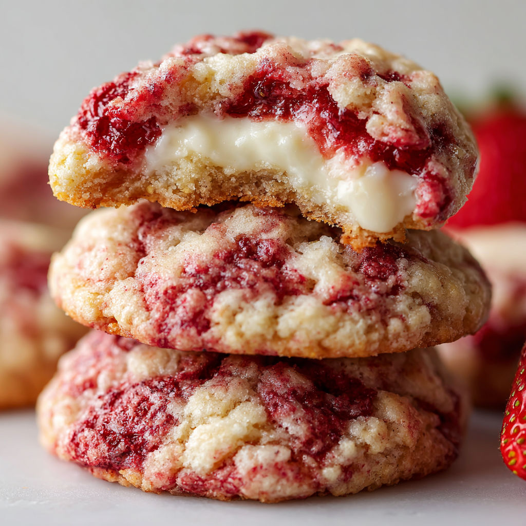 A stack of red and white cookies with a strawberry on top.