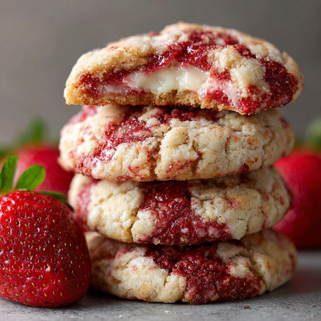 A stack of Strawberry Cheesecake Cookies with a strawberry on top.