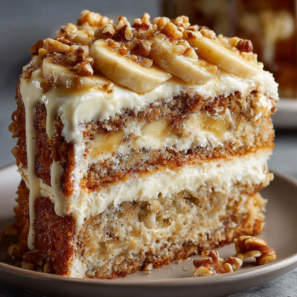 A slice of banana walnut cream cake on a plate.