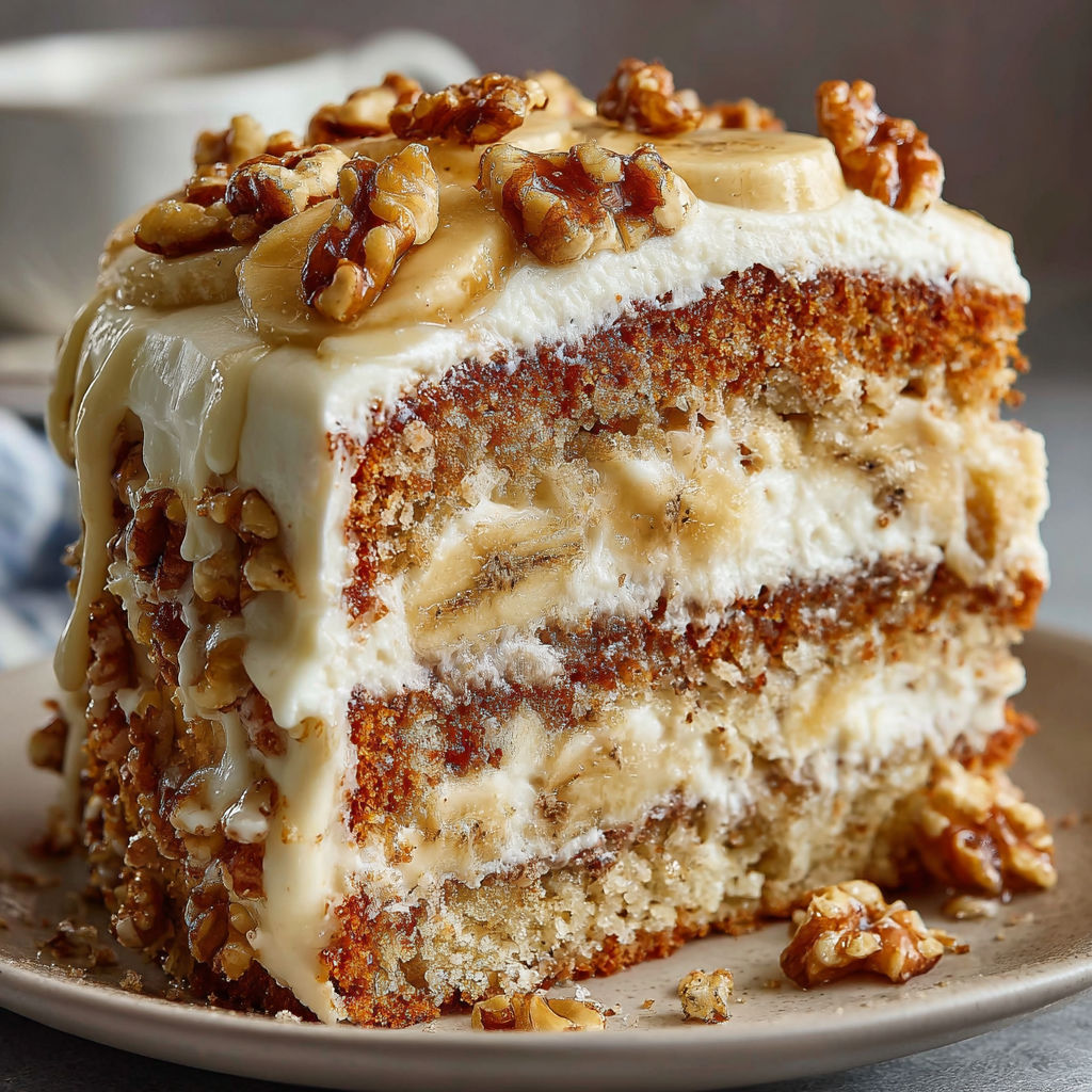 A slice of Heavenly Banana Walnut Cream Cake on a plate.