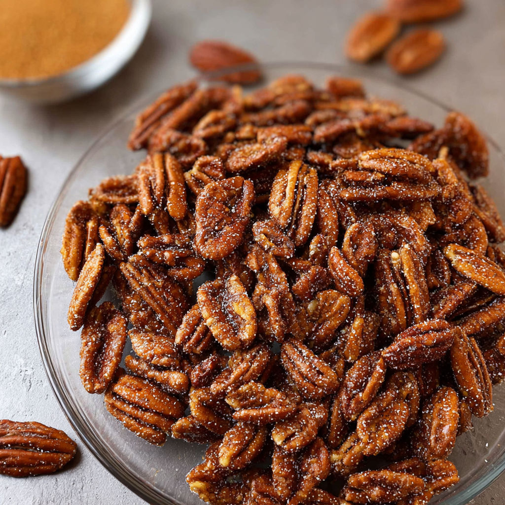 A glass bowl filled with pecans and a spoonful of sugar.