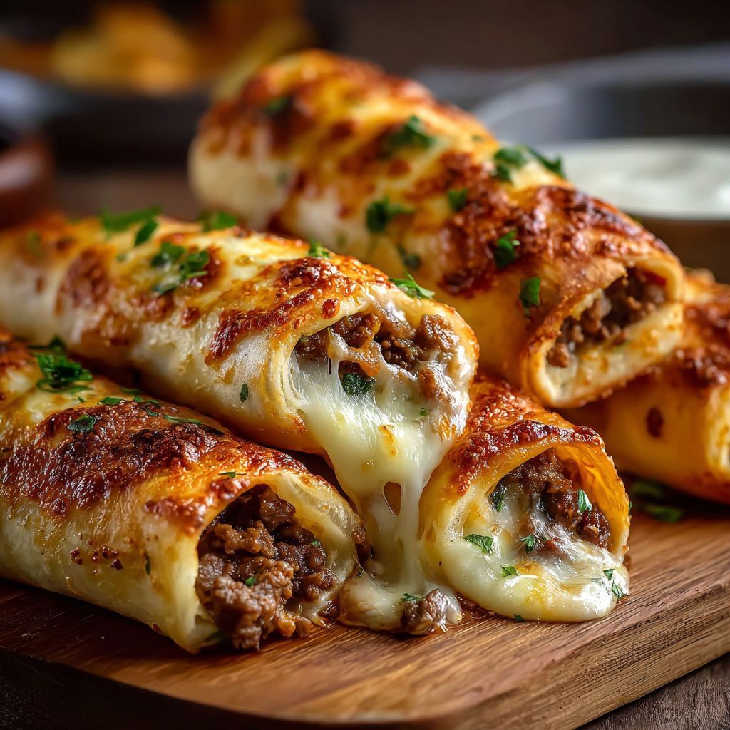 A delicious meal of lasagna rolls with meat and cheese.