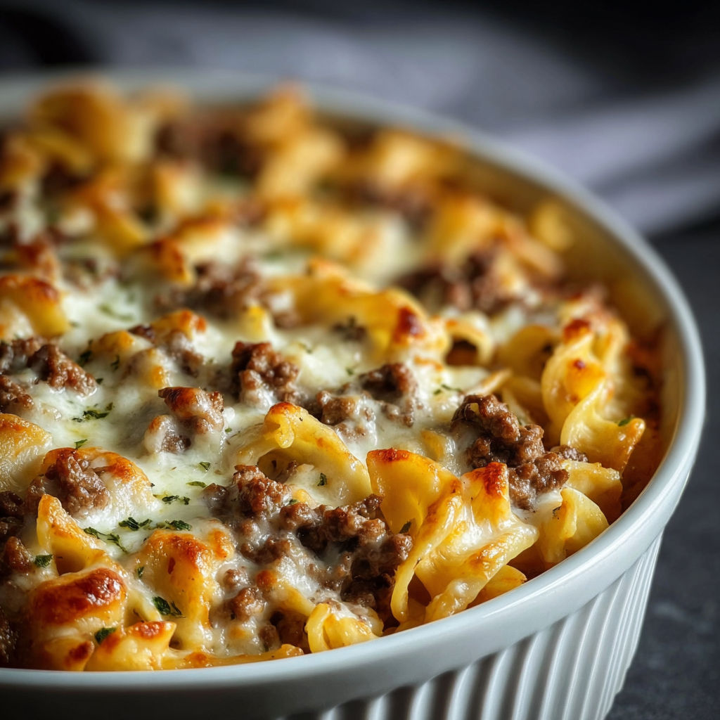 A delicious Sour Cream Beef Noodle Casserole is ready to be served in a white bowl.