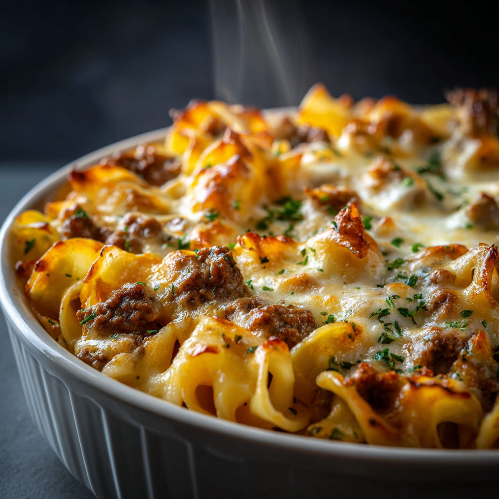 A delicious Sour Cream Beef Noodle Casserole is ready to be served.