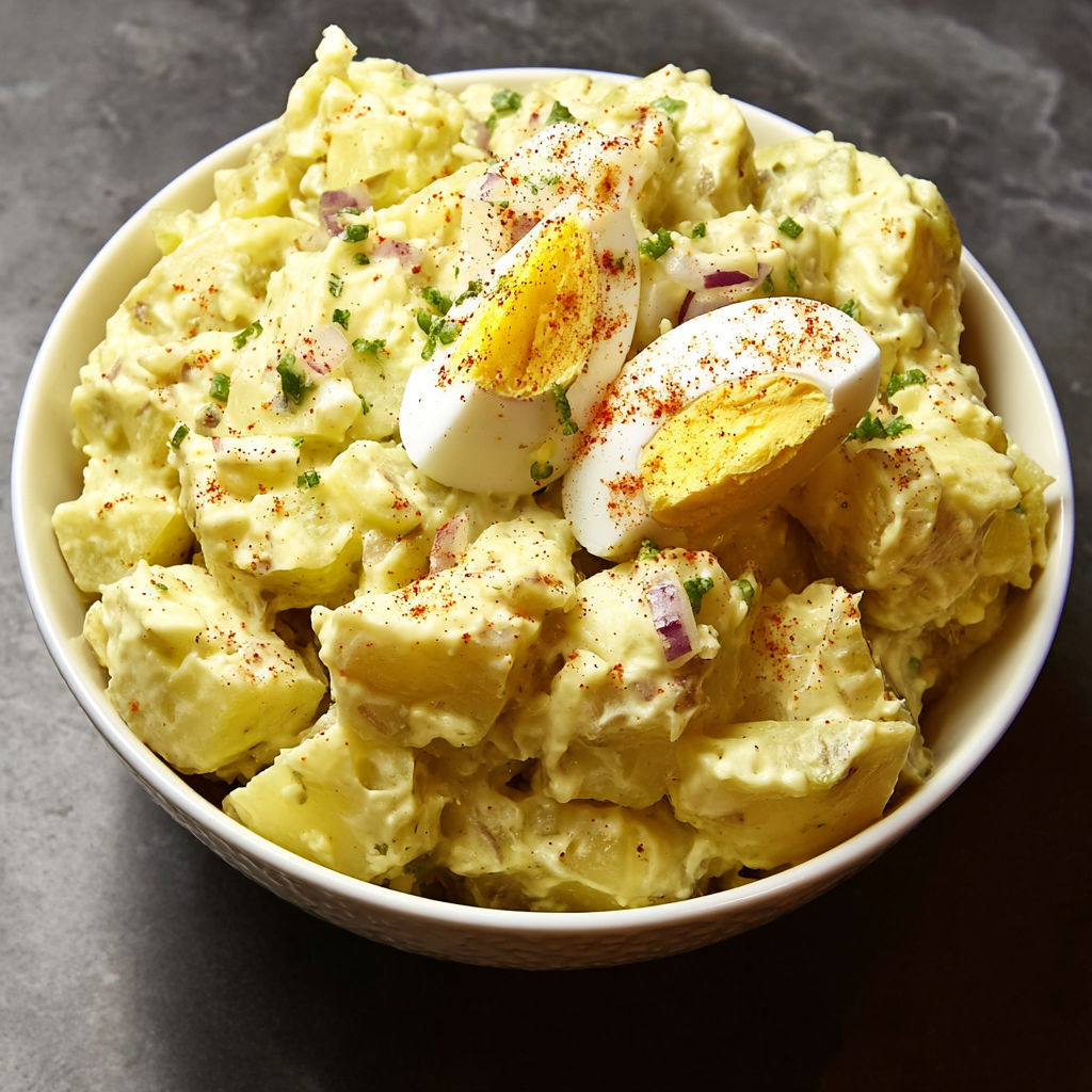 A bowl of potato salad with eggs on top.