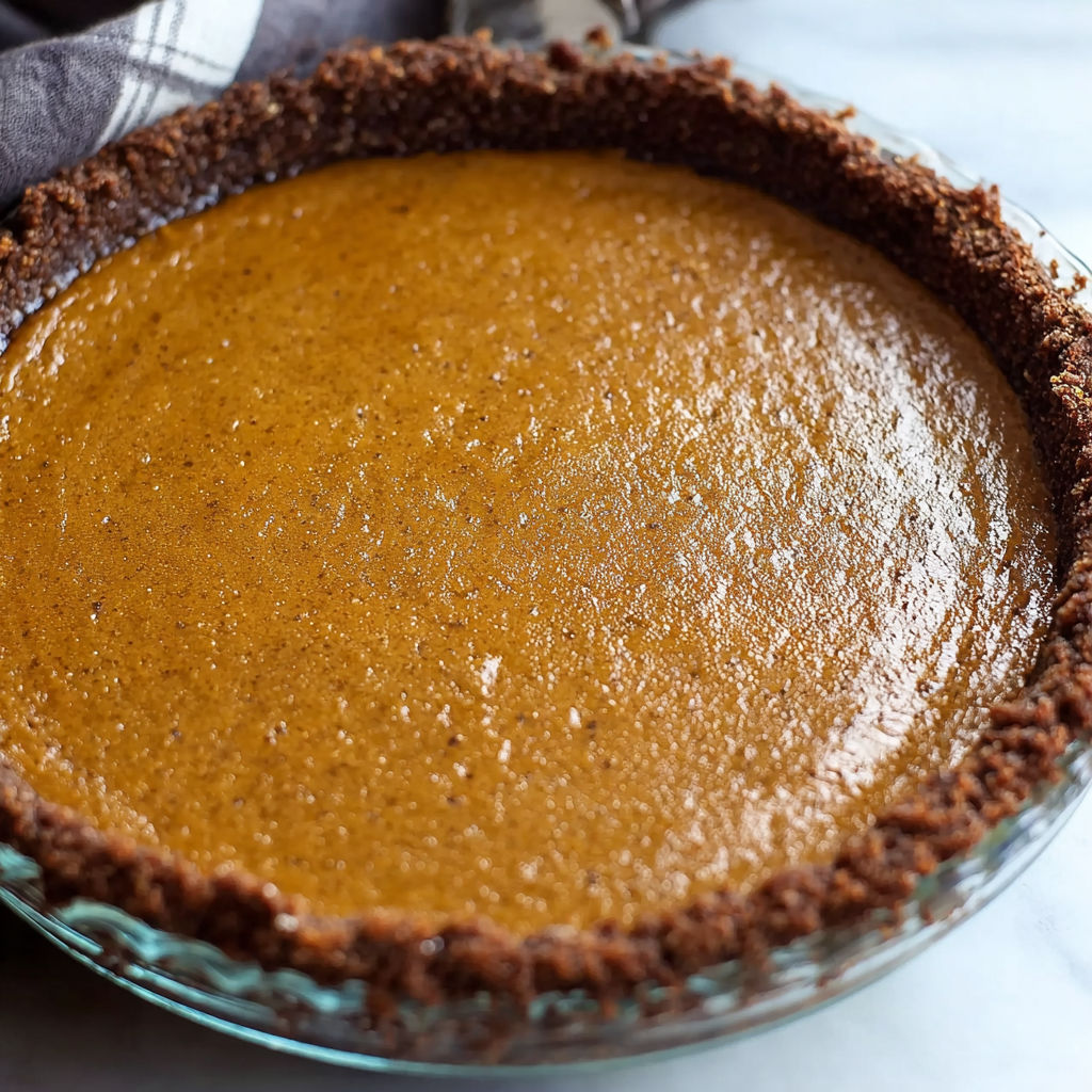 A glass pie dish filled with a delicious pumpkin pie.