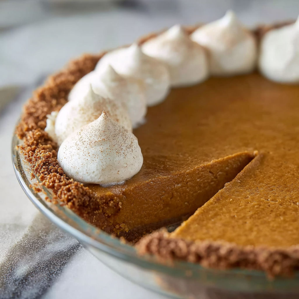 A slice of pumpkin pie with whipped cream on top.