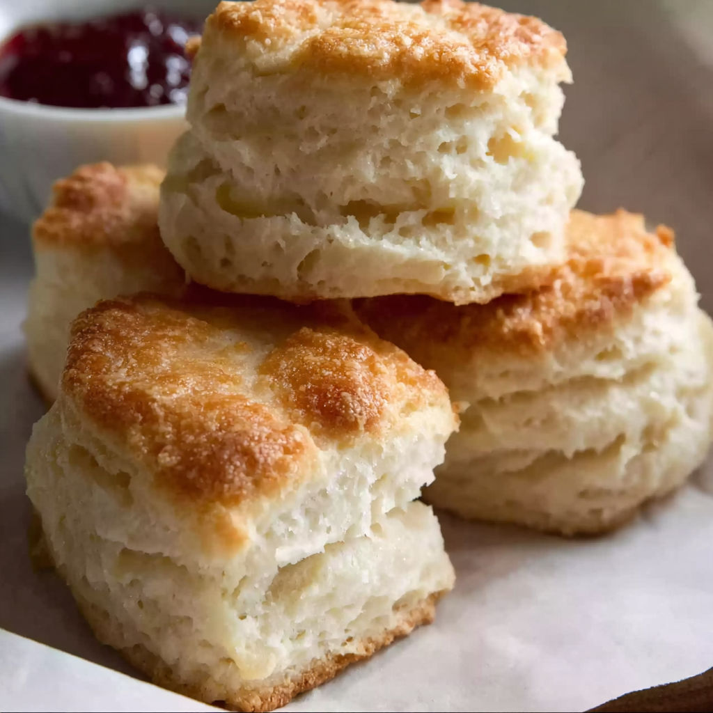 A stack of buttermilk biscuits with a bowl of jelly on the side.