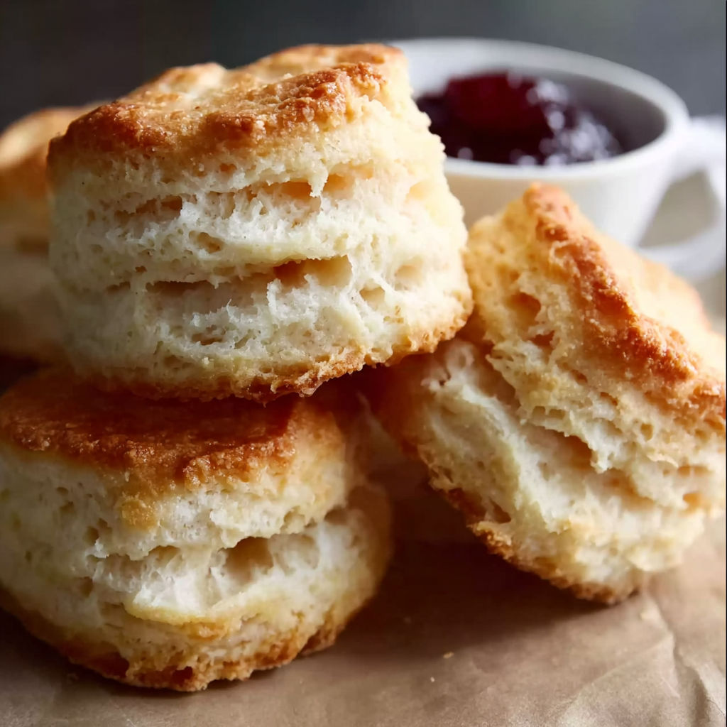A stack of biscuits with a bowl of jam nearby.