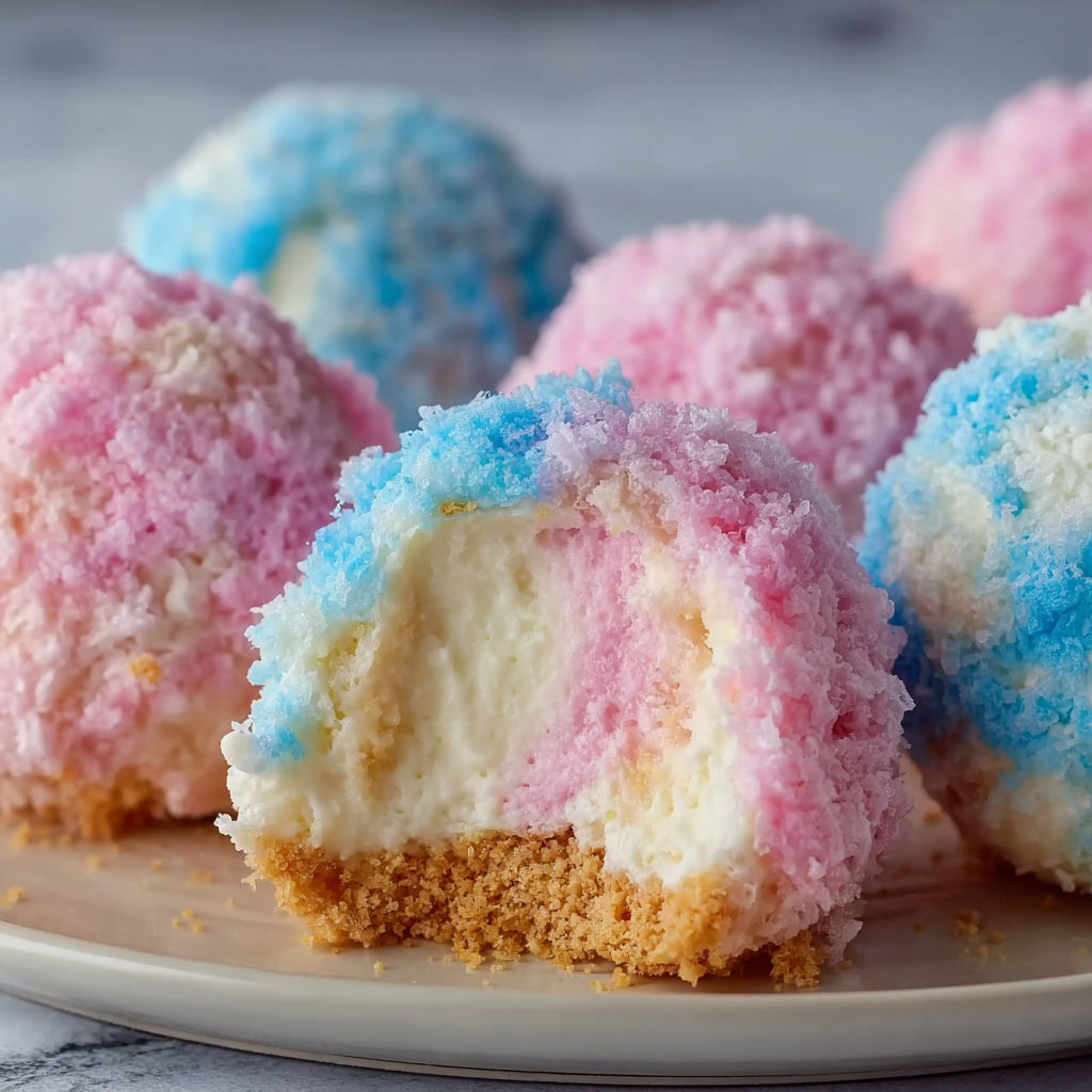 A plate of colorful cotton candy cheesecake bombs.