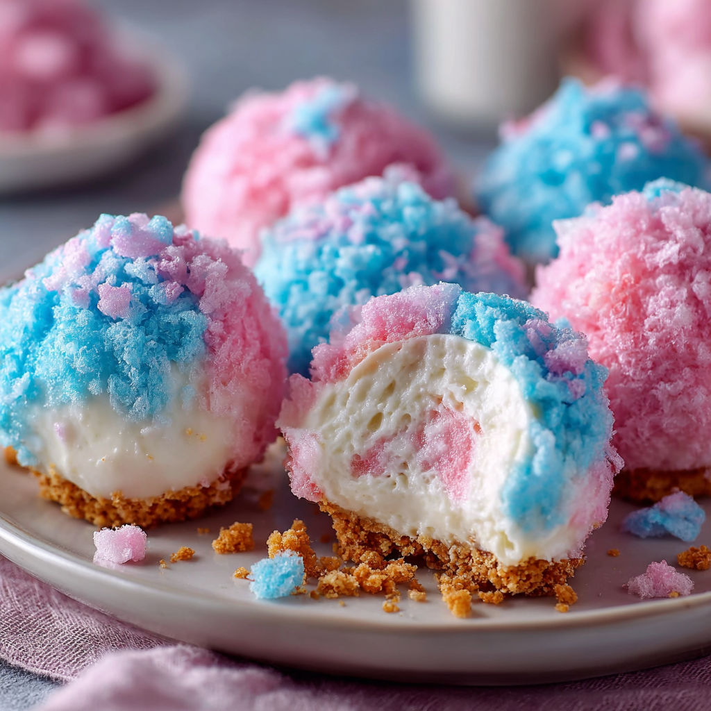 A plate of colorful desserts, including blue, pink, and white, are displayed on a table.