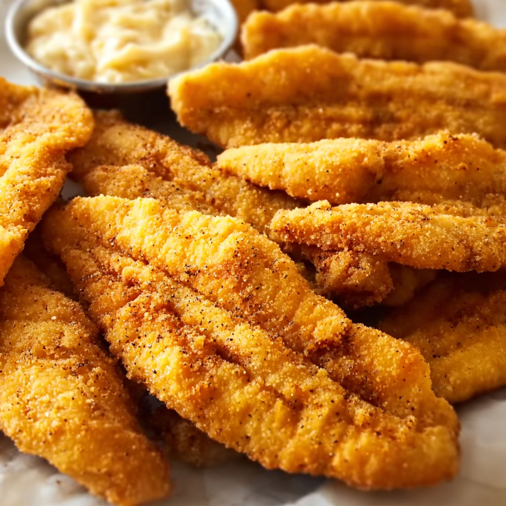 A plate of Southern Fried Catfish with a side of honey mustard sauce.