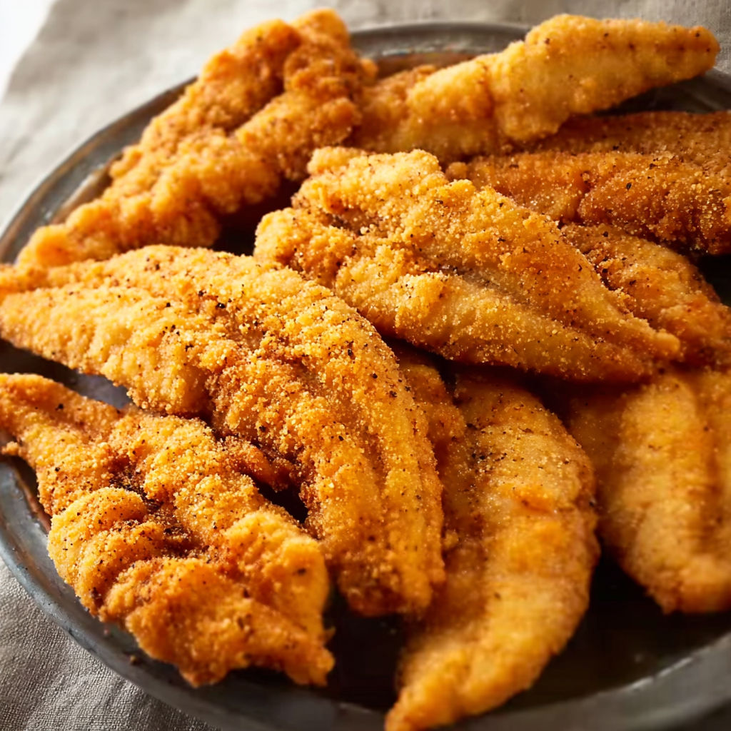 A plate of Southern Fried Catfish is served on a table.