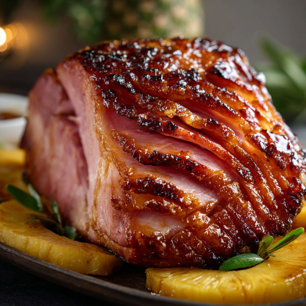 A glazed ham with pineapple and brown sugar, ready to be served.