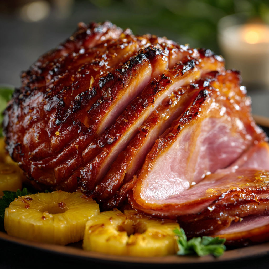 A glazed ham with pineapple and brown sugar on a plate.