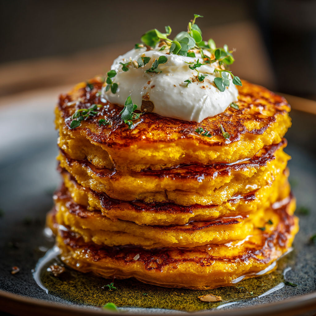 A stack of pumpkin cottage cheese pancakes with a dollop of whipped cream on top.