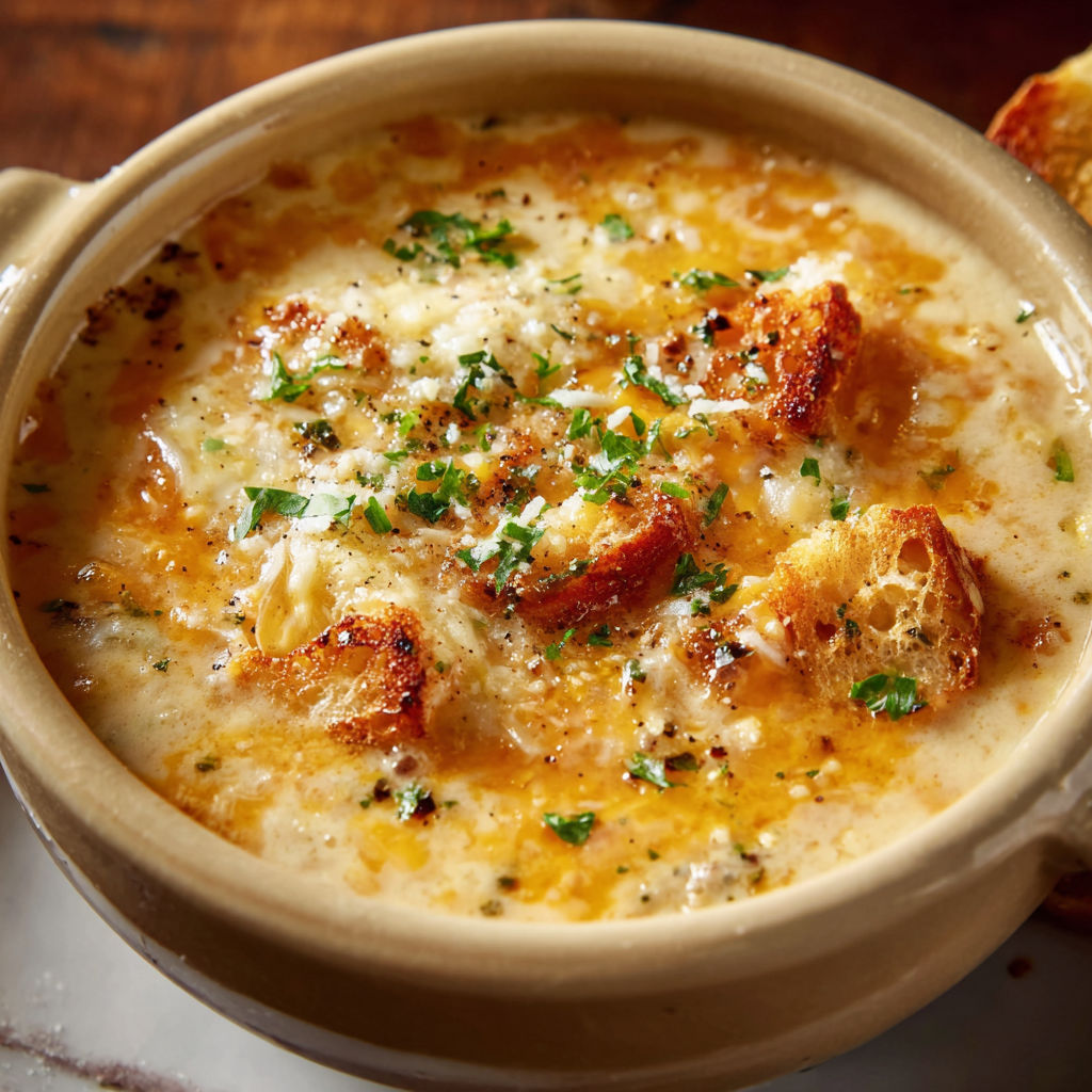 A bowl of soup with a spoon in it, the soup is called Walkabout Soup.