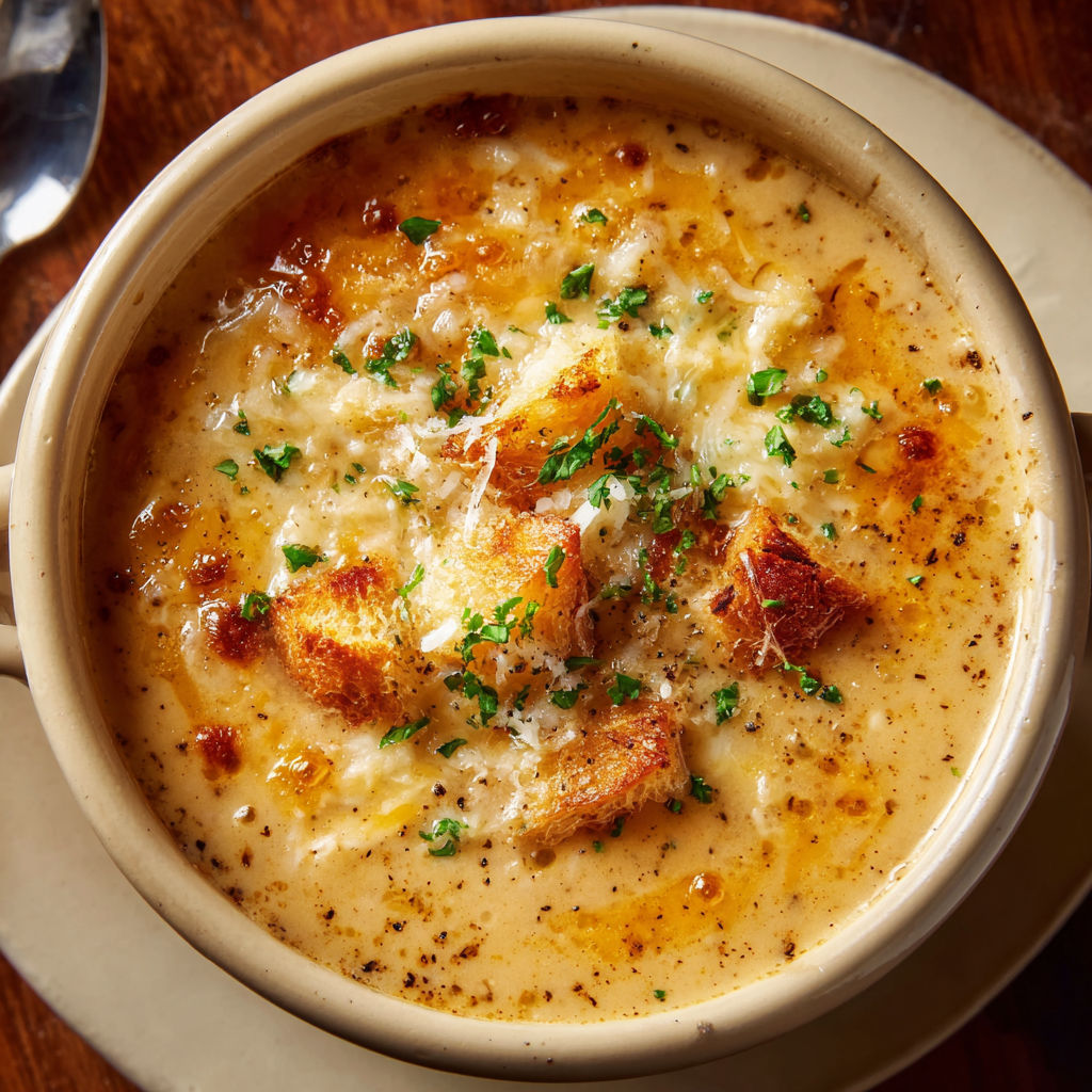 A bowl of soup with a spoon in it, topped with cheese and croutons.
