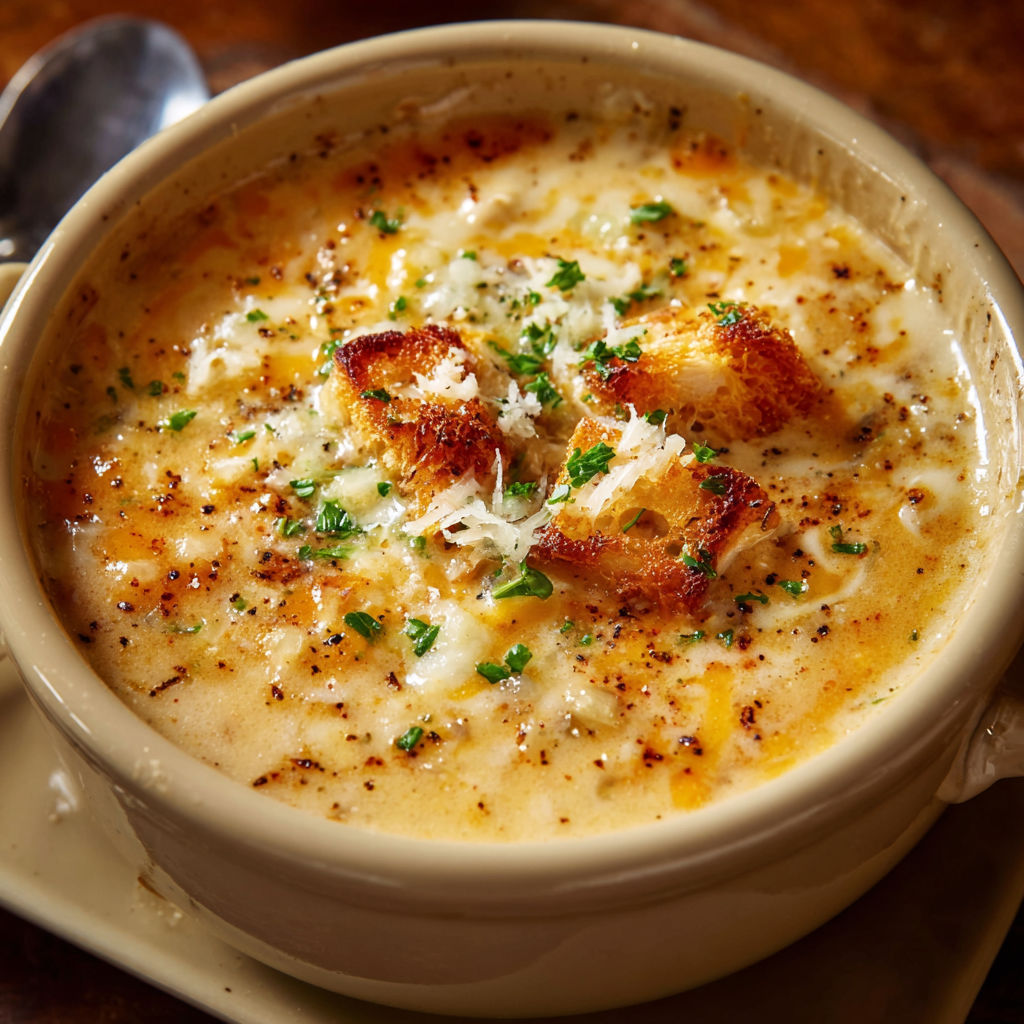 A bowl of soup with a spoon in it, topped with cheese and herbs.