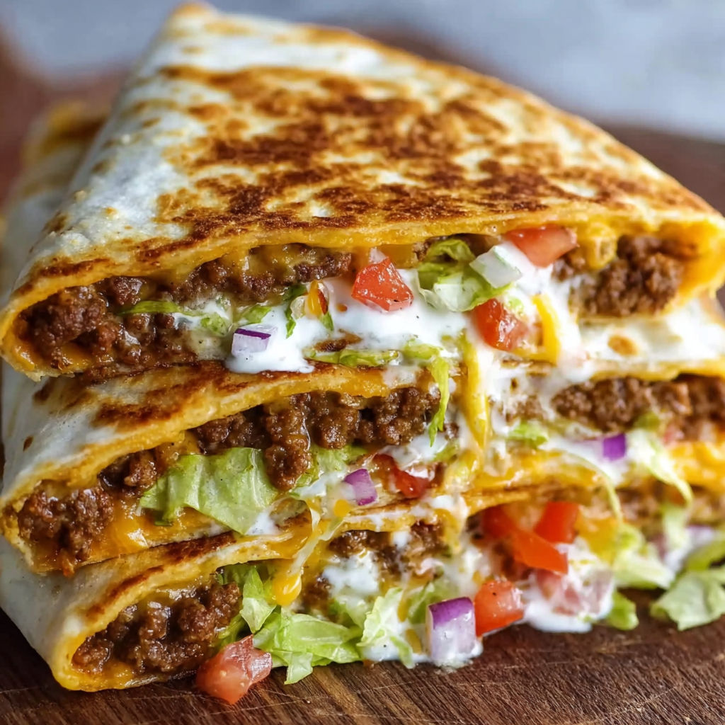 A delicious homemade crunchwrap supreme is stacked with cheese, lettuce, tomatoes, and sour cream.