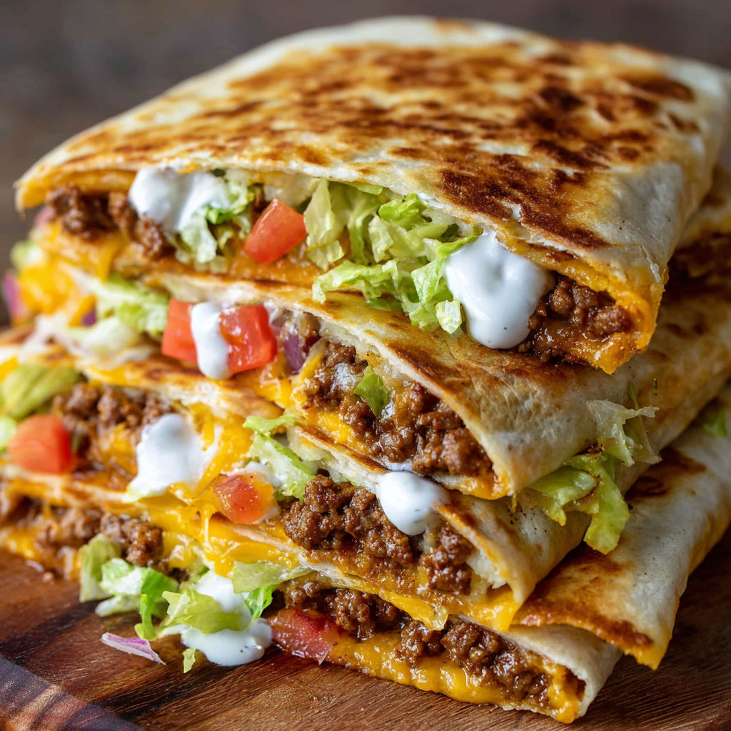 A stack of Homemade Crunchwrap Supreme sandwiches with lettuce, tomatoes, and cheese.