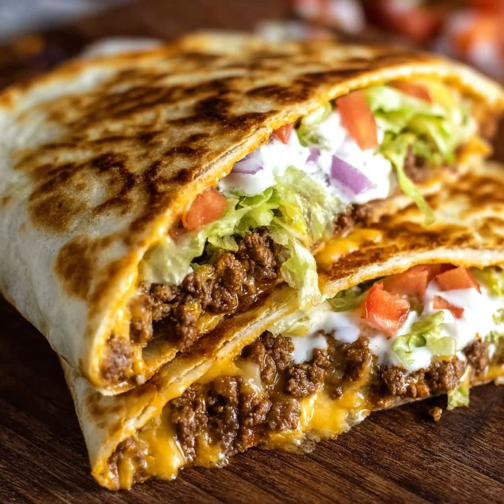 A delicious homemade crunchwrap supreme is served on a wooden table.