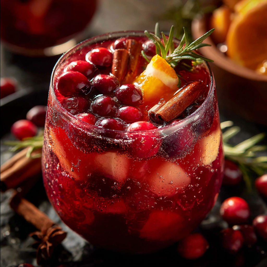 A glass of Thanksgiving Punch Recipe filled with fruit and spices.