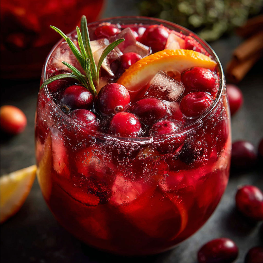 A glass of red wine with a cranberry and orange slice garnish.