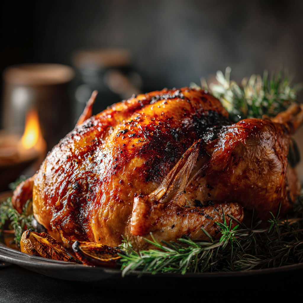 A delicious roasted turkey with herbs and spices, ready to be served.