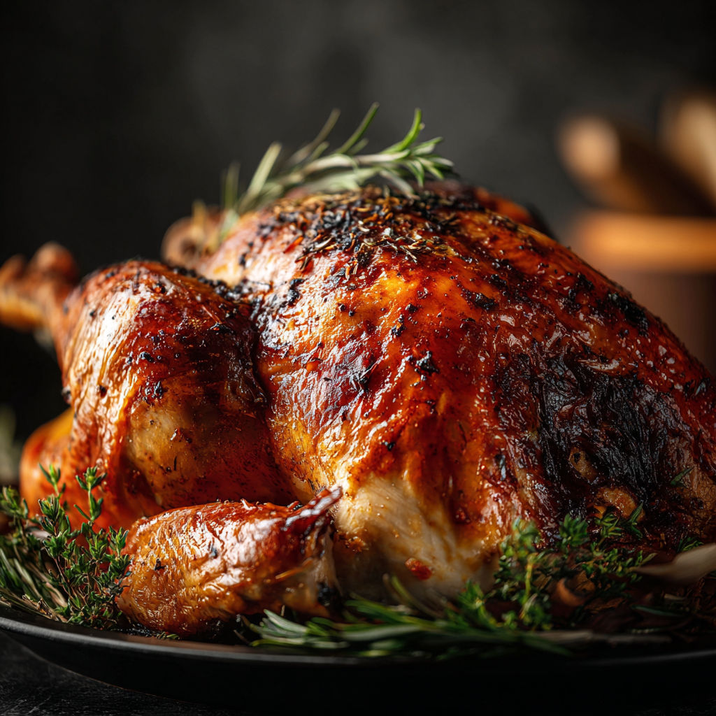 A roasted chicken with herbs and spices, ready to be served with a side of stuffing.