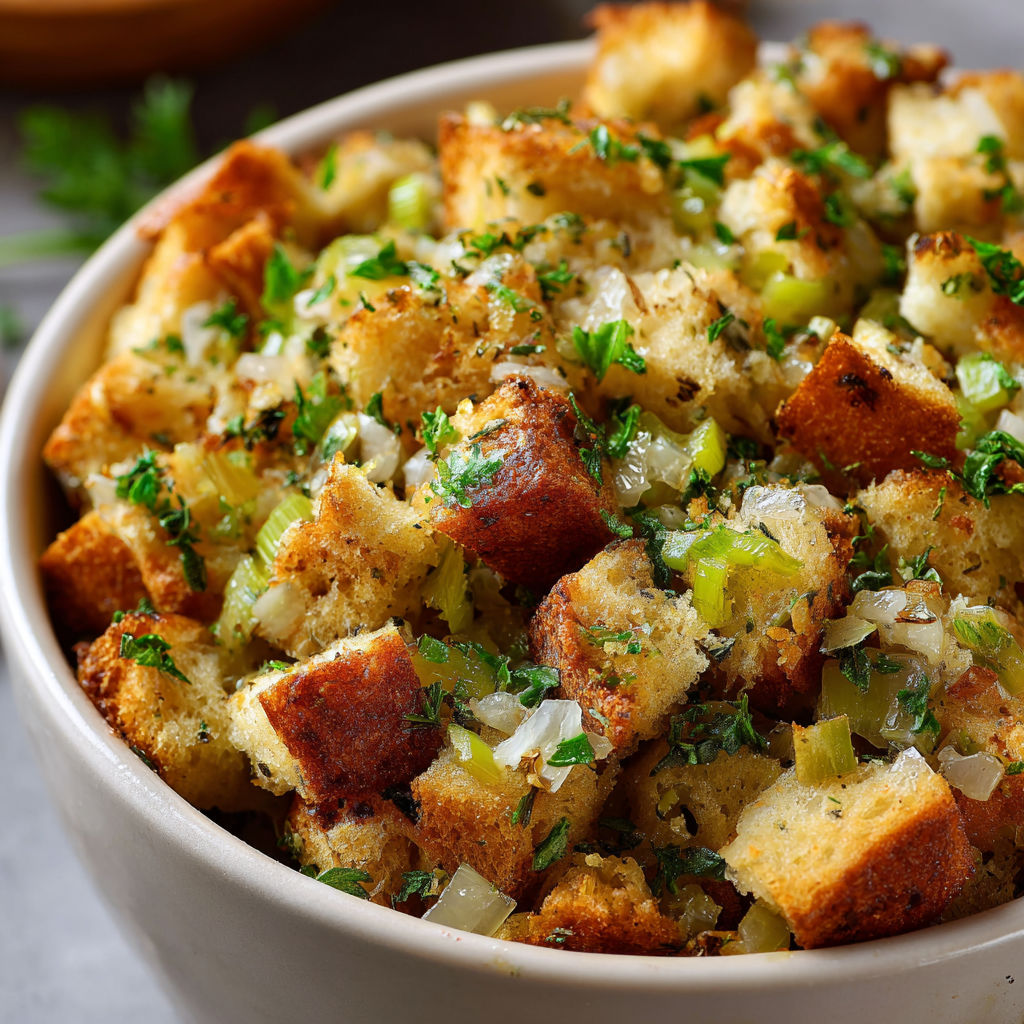 A bowl of breaded vegetables, including onions and herbs, is served in a white bowl.