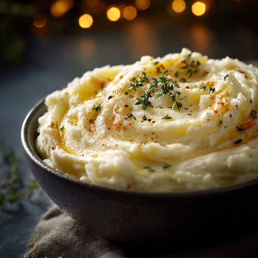 A bowl of creamy mashed potatoes with herbs and spices.