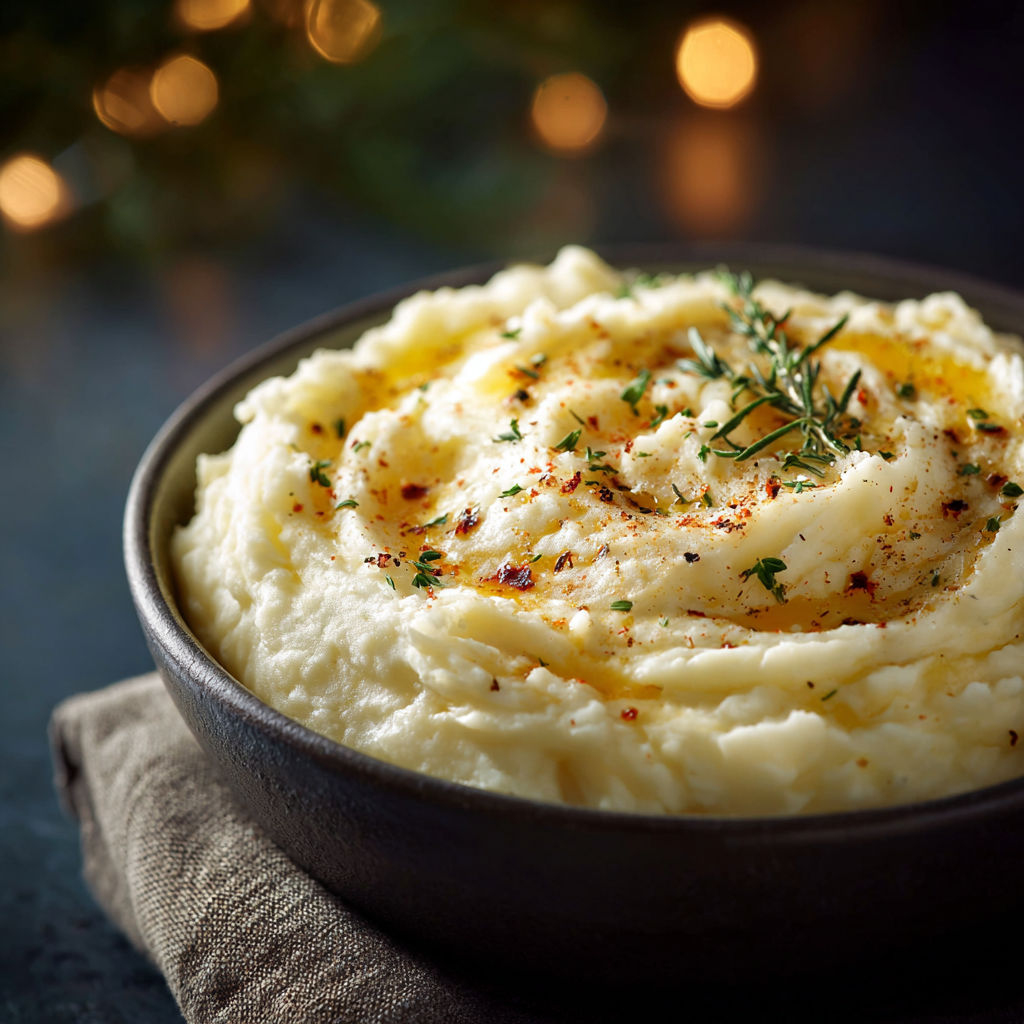 A bowl of creamy mashed potatoes with herbs and spices.